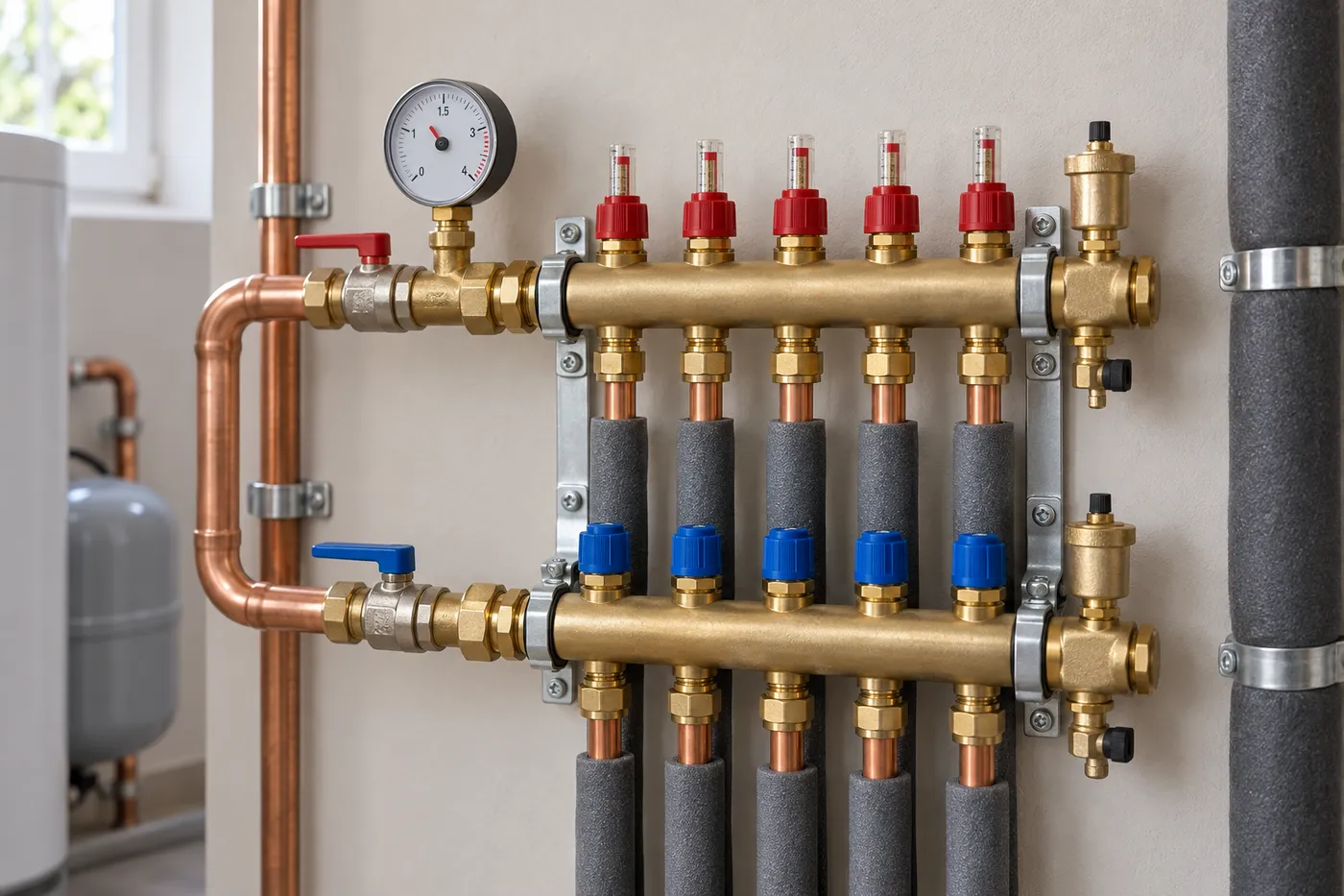 Collecteur de chauffage raccordé en cuivre avec vannes et manomètre lors d'une rénovation en Essonne